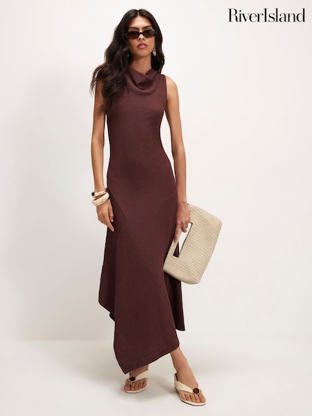 Brown - River Island Textured Halter Midi Dress