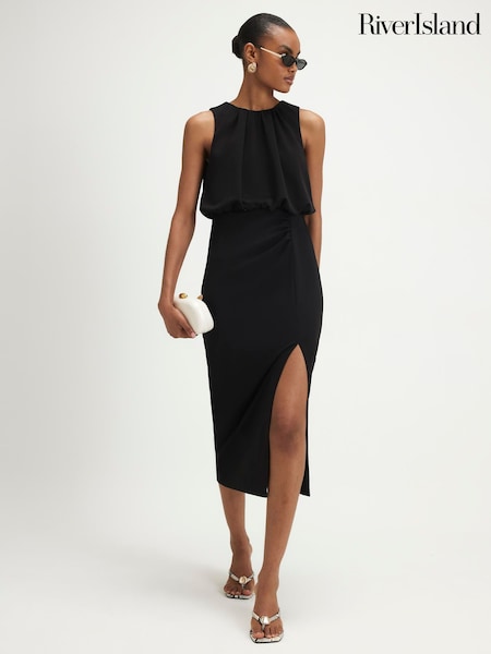 Black - River Island Crew Neck Ruched Side Midi Dress