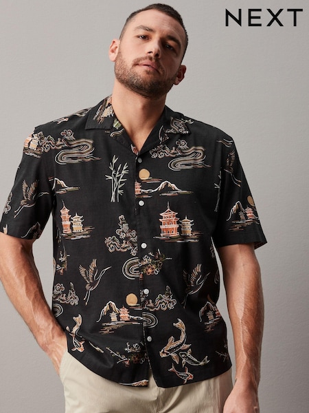 Black Printed Short Sleeve Shirt With Cuban Collar (955561) | €12
