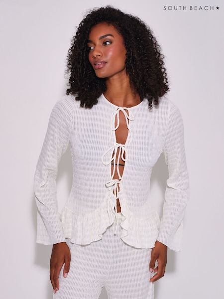 Cremefarvet - South Beach Tekstureret Tie Front Flared Langærmet Top