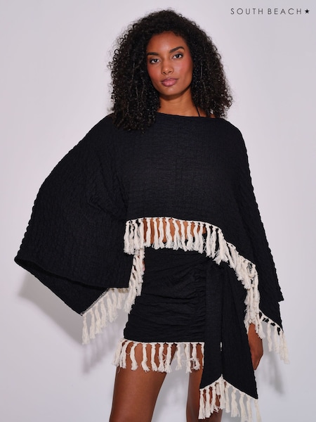 Negru - South Beach Fringe Poncho Cover-up