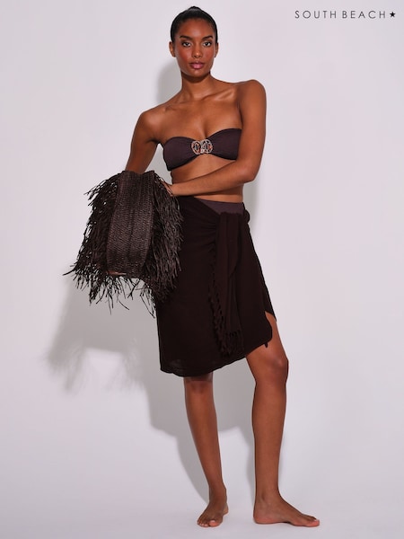 Brun - South Beach Cover-up de paréo froissé à franges en viscose