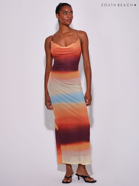 Orange - South Beach Ombre Mesh Cowl Neck Maxi Dress