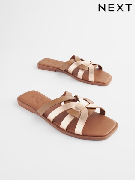 Tan Brown Standard/Wide Fit Forever Comfort® Leather Lattice Mules Sandals (957125) | €11