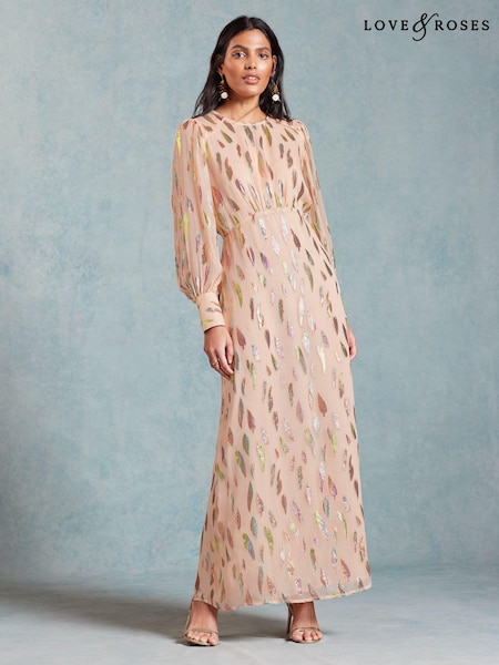 Roz - Rochie midi cu decolteu rotund Love & Roses Metalic Mânecă lungă (957496) | 247 LEI