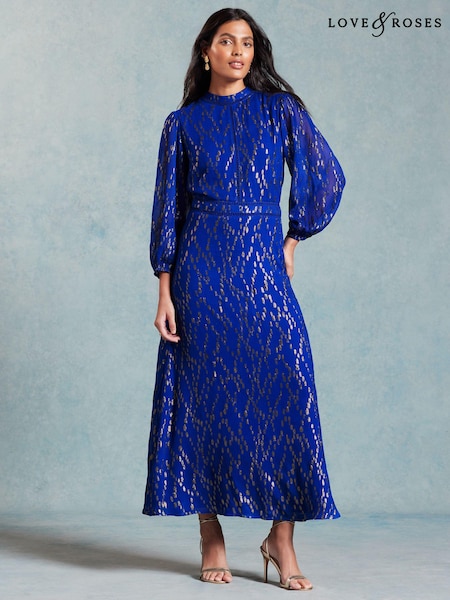 Love & Roses Blue Metallic Long Sleeve Round Neck Midi Dress (957507) | €47