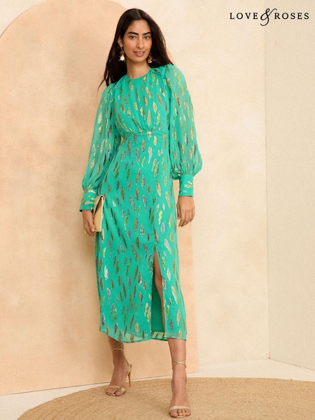 Love & Roses Green Metallic Long Sleeve Round Neck Midi Dress (957549) | AED201
