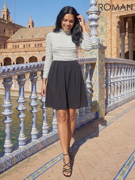 Black - Roman Contrast Stripe High Neck Smock Dress