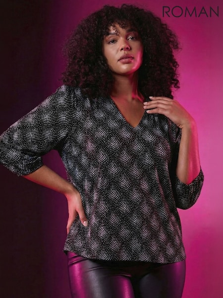 Pink - Roman Curve Glitter Sparkle Tunic Top