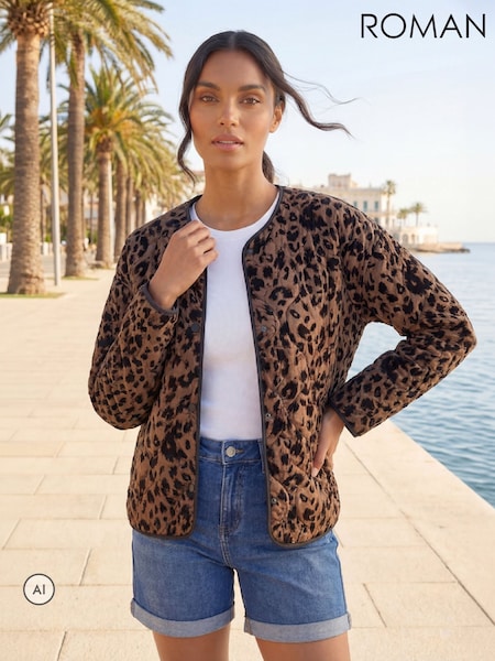 Brown - Roman Animal Print Flock Quilted Jacket