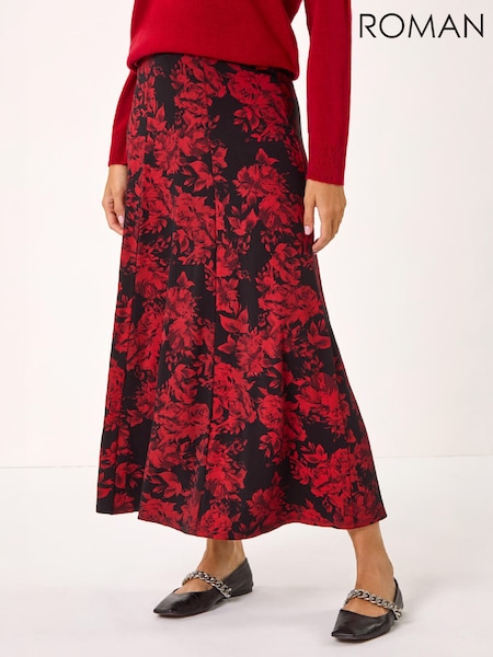 Red - Roman Rose Print A-line Midi Skirt