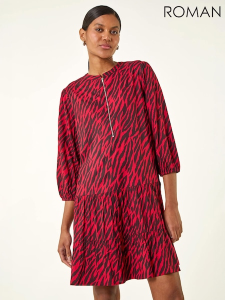 লাল - Roman Animal Print Zip Front Dress