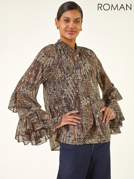 Nature - Roman Animal Print Tie Front Flared Top
