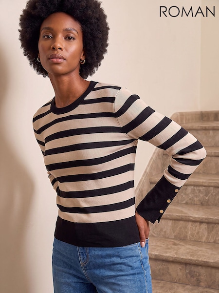 White - Roman Stripe Button Detail Knit Jumper