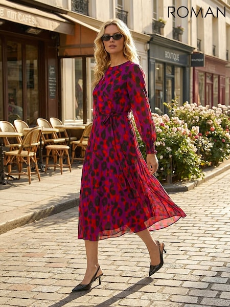 Purple - Roman Animal Print Shirred Midi Dress