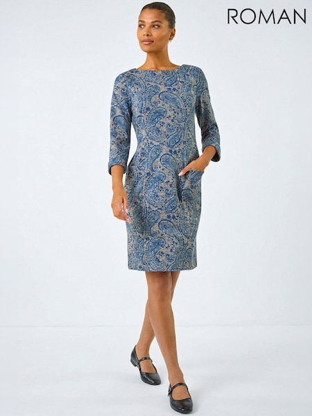 Blue - Roman Paisley Print Pocket Shift Stretch Dress