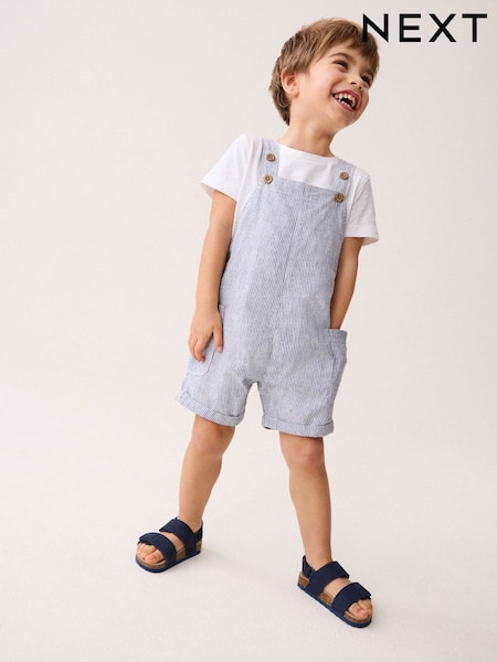 Blue/White Stripe Ticking Stripe Linen Blend Dungarees (3mths-7yrs) (958460) | €9 - €12