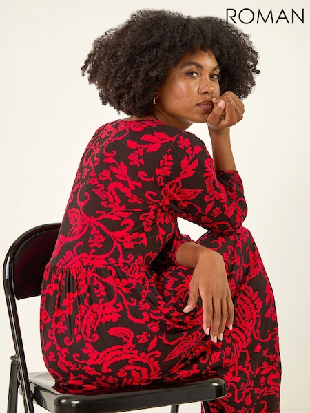 Red - Roman Paisley Print Pocket Midi Stretch Dres