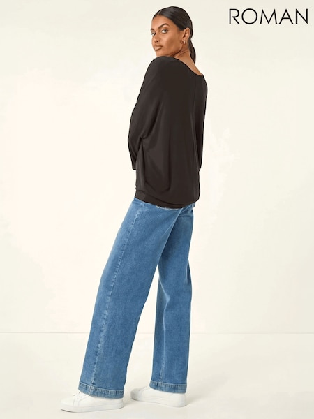 কালো - Roman V-neck Jersey Stretch T-shirt