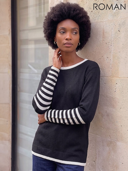 Μαύρο - Roman Contrast Rige Detail Knit Πουλόβερ