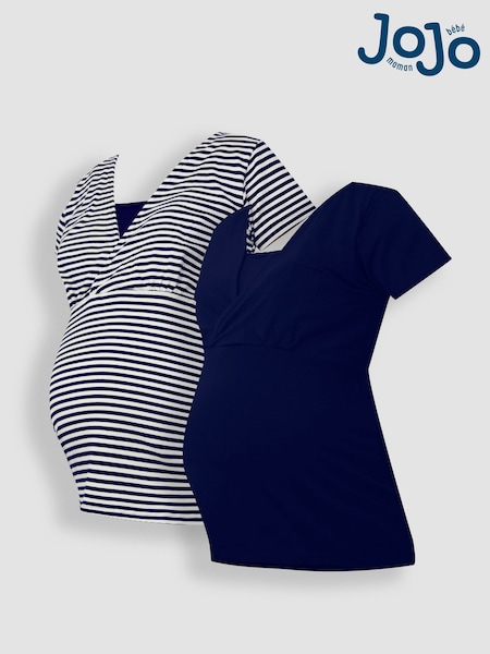 JoJo Maman Bébé Blue White Stripe & Navy Blue 2-Pack Maternity & Nursing T-Shirts (958881) | kr514