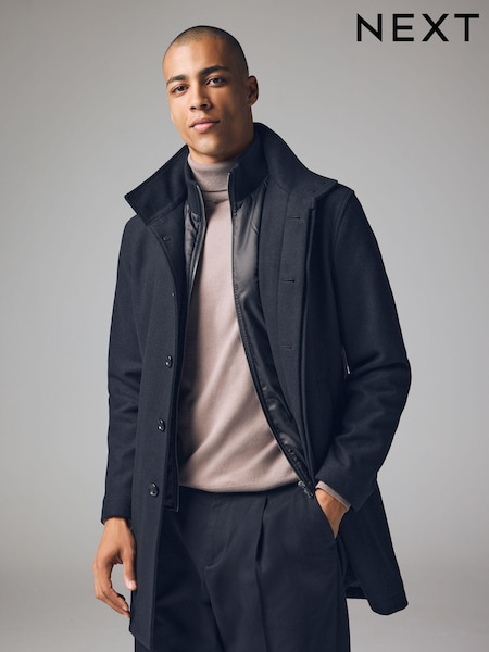 שחור - Wool Blend Mock Gilet Herringbone Padded Coat (959380) | ‏341‏₪