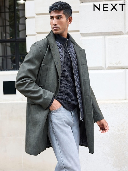 Khaki Green Wool Blend Mock Gilet Herringbone Padded Coat (959458) | €113
