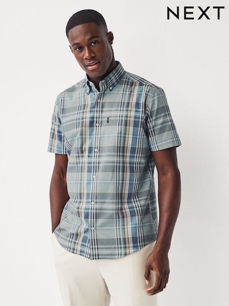 Sage Green Madras Check Easy Iron Button Down Short Sleeve Oxford Shirt (959892) | €15