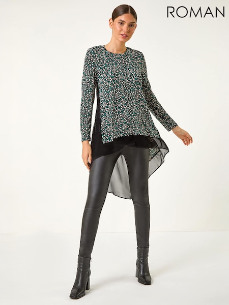 Blue - Roman Ditsy Spot Print Chiffon Hem Tunic Top
