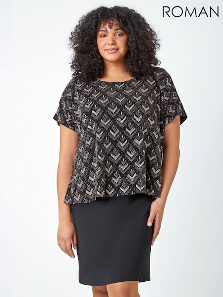 Brown - Roman Curve Glitter Embellished Contrast Stretch Shift Dress