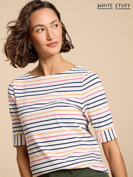 أبيض - White Stuff Boat Neck Sydney 100% Cotton T-Shirt (960334) | ‏10 ر.ع.‏