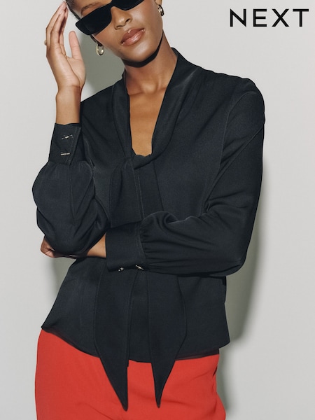 Black - Overhead Tie Neck Long Sleeve Blouse
