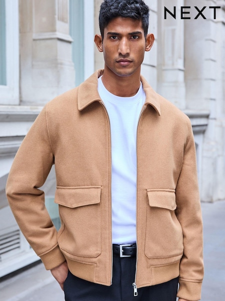 Camel Neutral Zip Through Padded Jacket with Wool (961920) | AED194