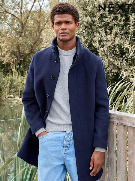 Navy Blue Signature Soft Touch Wool Funnel Neck Coat (961949) | R$ 1,905
