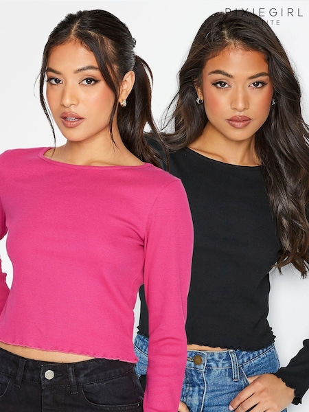 PixieGirl Petite Pink Long Sleeve Lettuce Edge T-Shirt 2 Pack (962922) | €9
