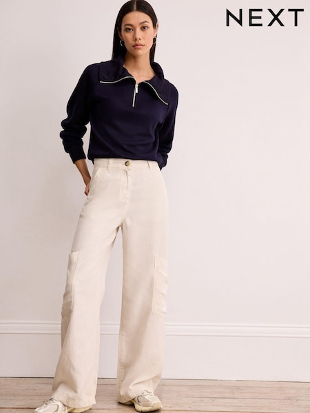 Ecru, Weiß - TENCEL™ Linen Blend Cargo Wide Leg Trousers (963159) | 10 €