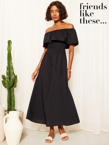 Negru - Friends Like These Bardot Elastic Bumbac Popelin Midi Rochie (963491) | 143 LEI
