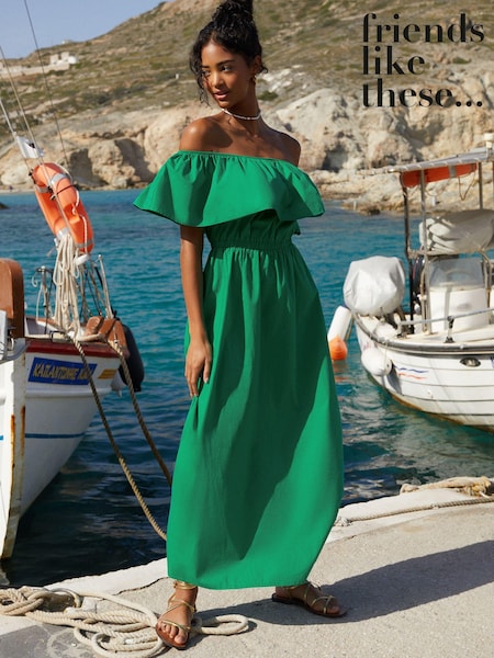 Friends Like These Green Bardot Elasticated Cotton Poplin Midi Dress (963502) | €30