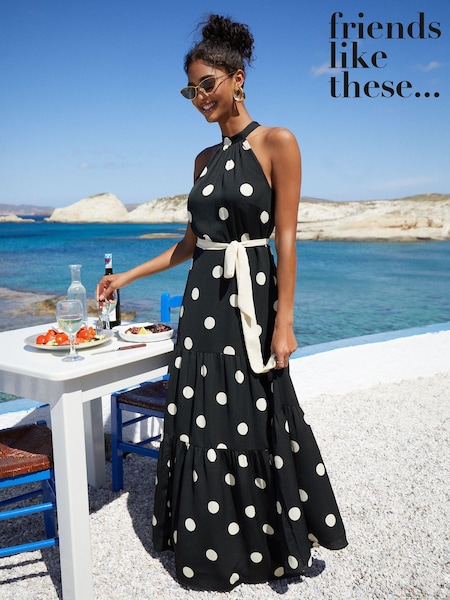 Friends Like These Halter Tiered Chiffon Tie Side Polka Dot Maxi Dress (963714) | 242 LEI