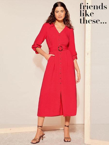 Friends Like These Red Buckle Belted V Neck Midi Shirt Dress (963759) | €31