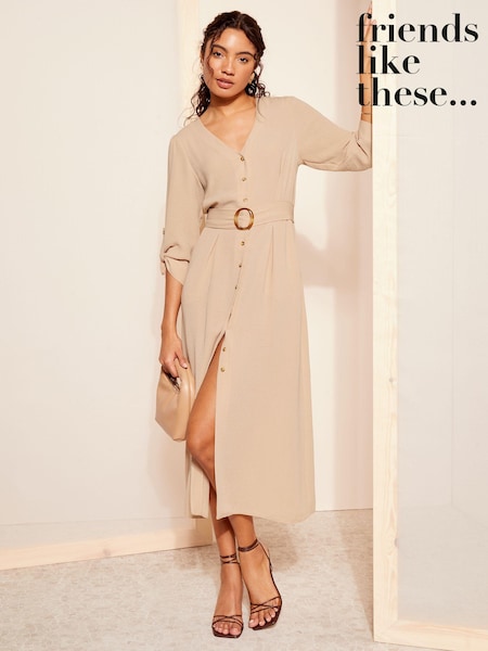 Friends Like These Cream Buckle Belted V Neck Midi Shirt Dress (963807) | 111 QAR