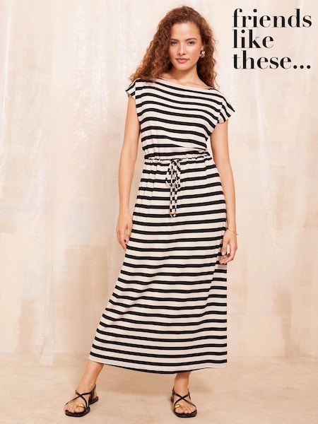 Friends Like These Black White Jersey Stripe Slash Neck Midi Dress (963916) | €27