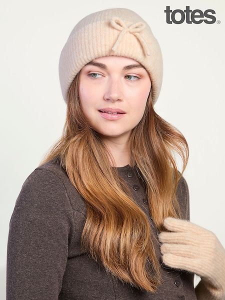 Natural - Totes Wool Blend Knitted Beanie Hat With Bow