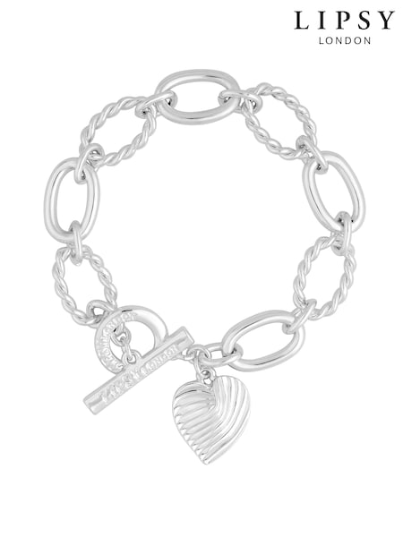 Lipsy Jewellery Silver Tone Textured Heart Charm T-Bar Gift Boxed Bracelet (964496) | €32