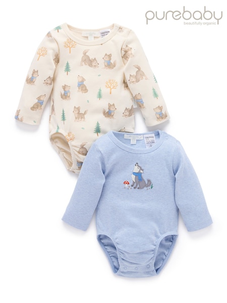 Blue - Purebaby Printed Longsleeve Bodysuit 2 Pack