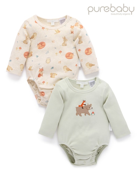 Green - Purebaby Printed Longsleeve Bodysuit 2 Pack