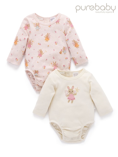 Pink - Purebaby Fairy Print Longsleeve Bodysuit 2 Pack