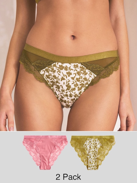 Green Floral Print/Rose Pink Lace Trim High Leg Knickers 2 Pack (965119) | €14