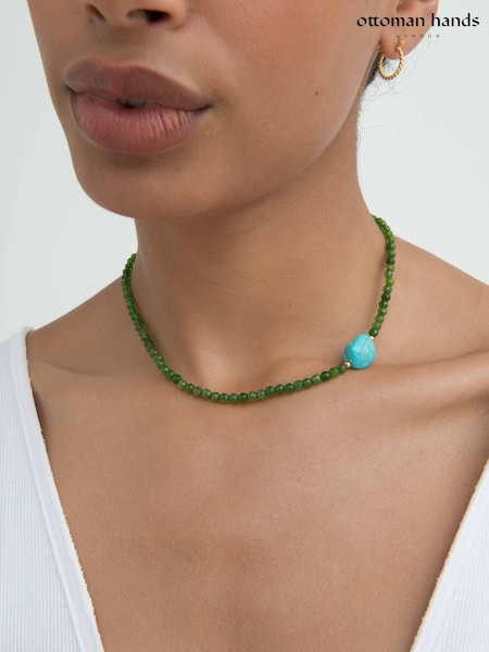Gold Tone - Ottoman Hands Felice Green Jade And Turquoise Beaded Necklace