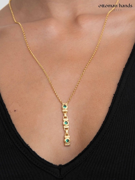 Gold Tone - Ottoman Hands Emerald Green Tennis Lariat Necklace